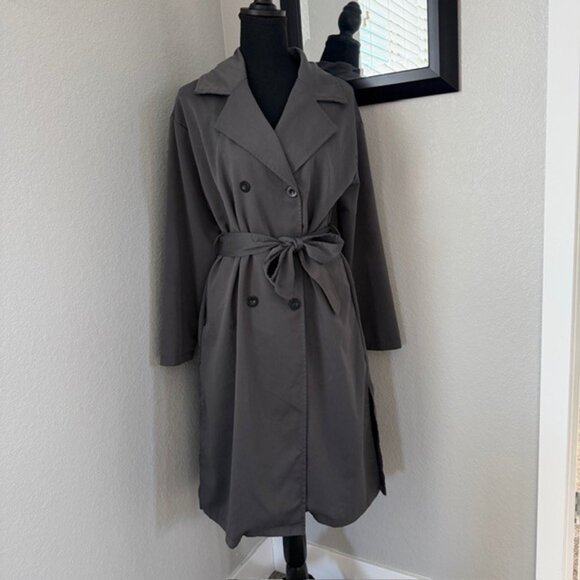 MAEVA Charcoal Gray Lightweight Double Breasted Trench Coat Small - Picture 2 of 14
